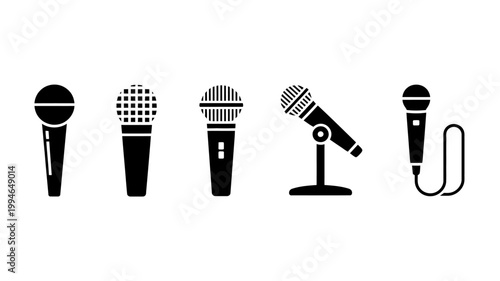 Fotografie A collection of black microphone icons in various styles and designs are display