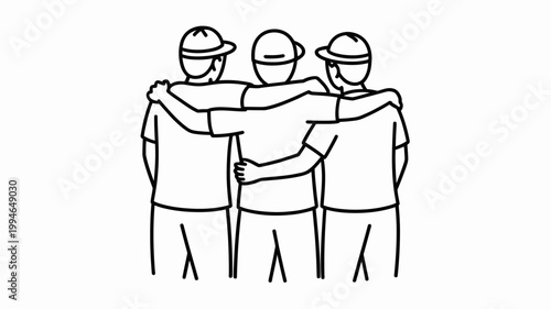 A simple black and white line drawing depicts four individuals standing closely together arms linked in a gesture of camaraderie and teamwork high quality professional detailed