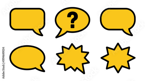 A collection of vibrant yellow speech bubbles and starburst shapes are presented against a stark white background indicating communication high quality professional detailed modern elegant stylish