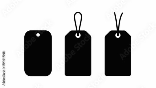 A simple graphic showcases three black rectangular tags each with a circular hole for string or attachment displayed in a row high quality professional detailed modern