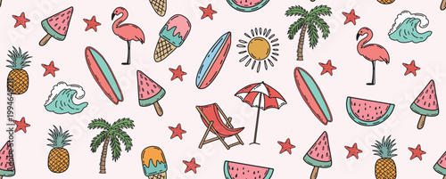 Summer doodle pattern with beach items and sunny elements on white background