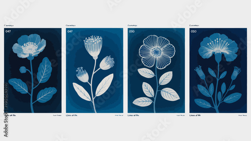 Four cyanotype floral studies are displayed showcasing delicate flower forms in shades of deep blue against a dark background high quality professional detailed modern elegant stylish