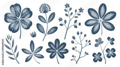 A botanical illustration showcases various leafy plants and delicate clovers in a striking monochromatic blue tone against a white backdrop high quality professional detailed modern elegant