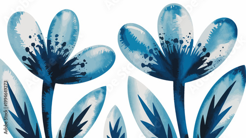 A delicate composition featuring three stylized blue flowers and foliage rendered in a watercolor like painted aesthetic high quality professional detailed modern elegant stylish clean crisp