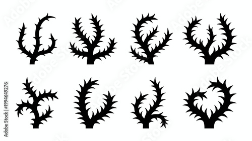 A collection of eight black silhouettes depicting various thorny branches or cactus segments arranged in a grid pattern high quality professional detailed modern elegant stylish clean