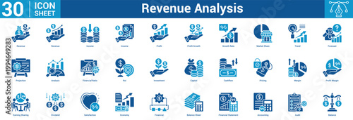 revenue analysis editable icon set containing capital, cashflow, pricing, margin, earning, dividend, satisfaction, economy, financial, statement, and more.