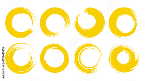 A vibrant composition features eight circular brushstrokes in shades of yellow arranged in a grid like pattern on a clean white background high quality professional detailed