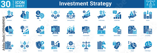 Investment Strategy editable icon set vector illustration concept for business with icon of Investment, Capital, Roi, Dividend, Earning Sharing, Profit, Profit Growth, Growth Rate, Revenue, Income.