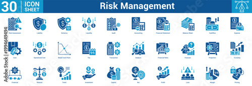 risk management editable icon set containing cost, operational, breakeven, tax, transaction, and more.