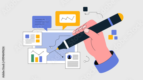 A hand utilizes a stylus to interact with a digital display showcasing data visualizations charts and communication interfaces high quality professional detailed modern elegant stylish clean