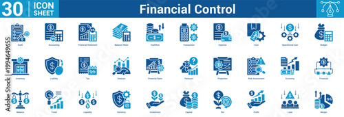 Financial Control editable icon set vector illustration concept for business with icon of Audit, Accounting, Financial Statement, Balance Sheet, Cashflow, Transaction, Expense, Cost, Operational Cost.