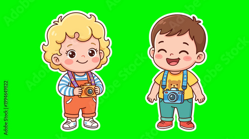 Two Adorable Cartoon Children Holding Cameras Smiling Happily.