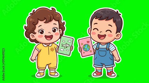 Two Adorable Cartoon Children Holding Books Smiling Happily Together.