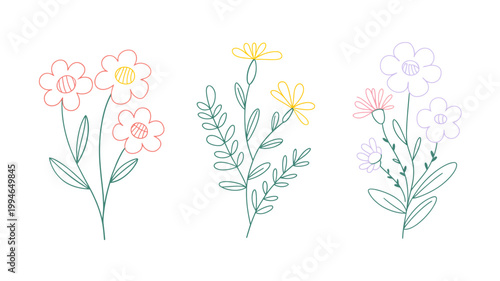 A delicate illustration depicts several colorful wildflower bouquets arranged with slender green stems and simple hand drawn floral shapes high quality professional detailed modern elegant stylish