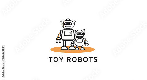 Two Adorable Toy Robots Standing Together on a White Background.