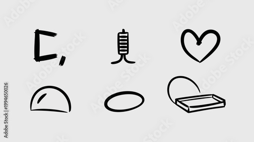 A collection of hand drawn black line art symbols appears on a light gray background featuring abstract shapes and simple icons high quality professional detailed modern