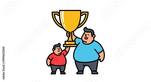 Two cartoon figures holding up a golden trophy in celebration of victory.
