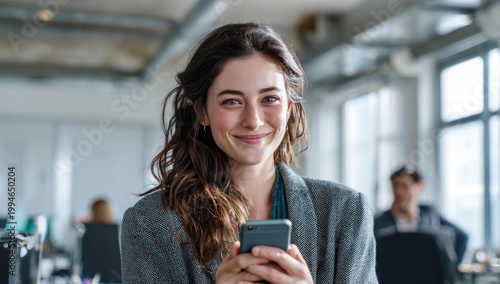 Smiling young woman holds phone in an office setting, looking at camera