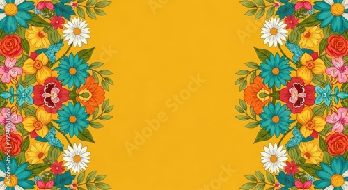 Vibrant floral pattern on golden background