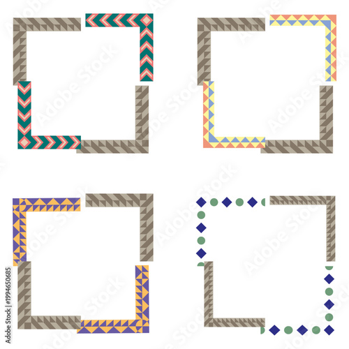Ornate colorful border. Decorative square set. Artistic pattern vector. Vibrant frame collection