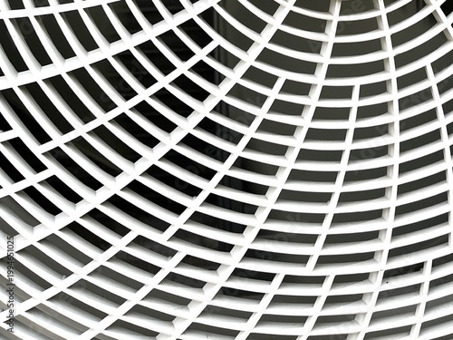Close-up Perspective of White Plastic Outdoor Air Conditioner Unit Fan Guard Grill