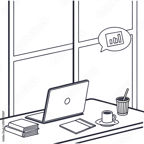 A minimalist line art illustration of a laptop on a desk with books, coffee, and a cup, set against a window with a bar graph in a speech bubble.