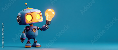 Cheerful cartoon robot holding a glowing light bulb on blue background, symbolizing innovation, creativity, and bright ideas. 3D illustration with vibrant colors.