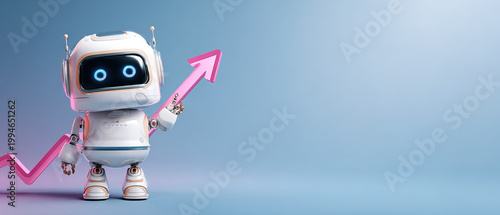 Adorable white robot holding a pink upward arrow, symbolizing growth and progress, against a modern blue background. Perfect for technology and business themes.