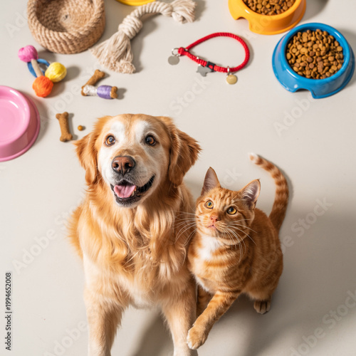 Golden retriever and ginger cat with pet toys and food