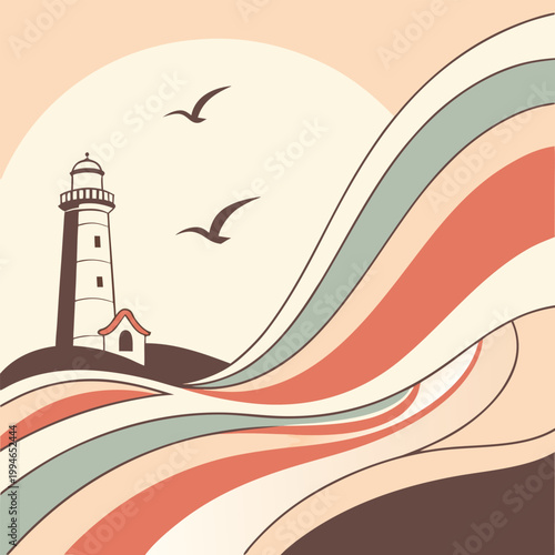 A minimalist vector illustration of a lighthouse on a hill with colorful wavy lines and birds in flight