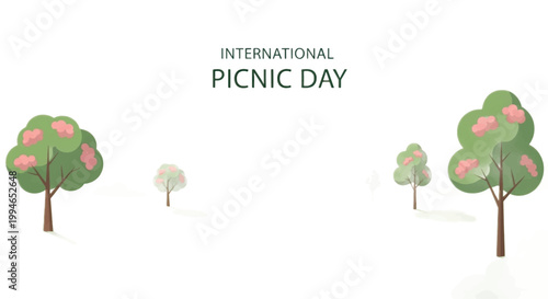 International Picnic Day, colorful tree icons, green trees with pink flowers, picnic celebration graphics