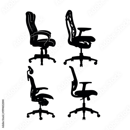 Set of ergonomic office chair silhouettes, various modern desk chair icons isolated on white background, vector illustration.