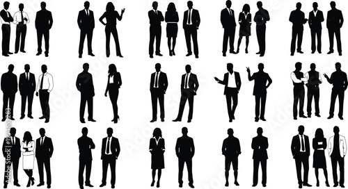 Large collection of male and female business people silhouettes standing together in professional corporate suits isolated on white background vector