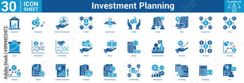 Investment Planning editable icon set vector illustration concept for business with icon of Investment, Invesment, Return On Investment, Investor, Angel Investor, Capital, Equity, Bond, Mutual Fund.