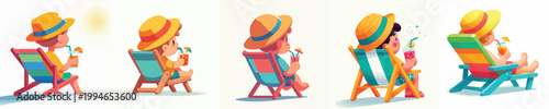vector of a little boy sitting on a beach chair enjoying summer back view