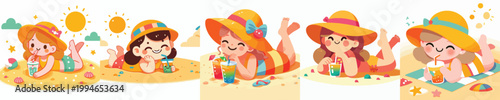 vector of a little girl sitting relaxed on his stomach on the beach enjoying summer