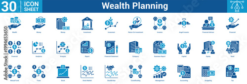 Wealth Planning editable icon set vector illustration concept for business with icon of Wealth, Money, Money, Investment, Invesment, Return On Investment, Investor, Angel Investor, Financial Advisor.