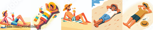 vector of a man lying on his back relaxing on the beach enjoying summer