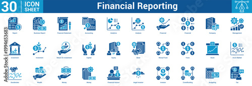 financial reporting icon set containing equity, bond, fund, forex, stock, market, broker, wealth, money, advisor, and more.