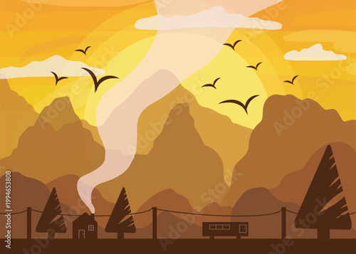 Illustration of a mountain landscape at sunset with birds flying in the sky