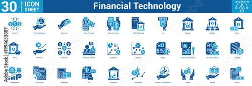 financial technology icon set containing analysis, report, statement, company, and more.