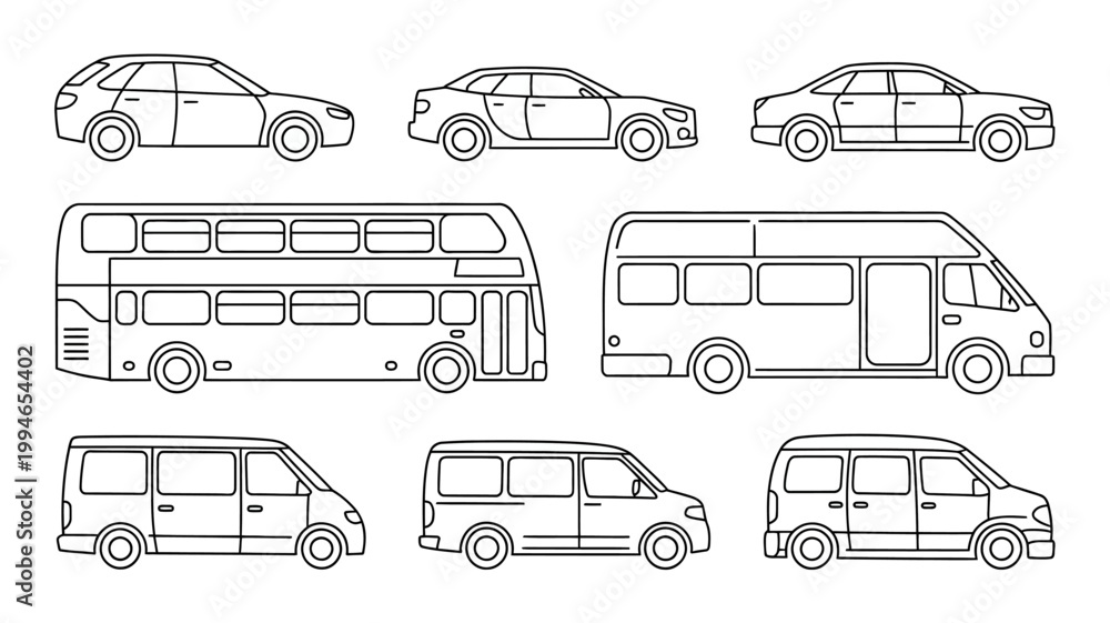 Obraz premium A collection of various vehicle outlines are displayed including cars buses vans and a double decker bus all in a simple linear style high quality professional