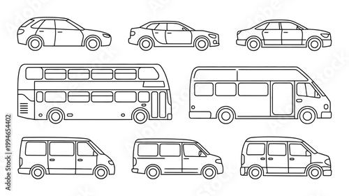 A collection of various vehicle outlines are displayed including cars buses vans and a double decker bus all in a simple linear style high quality professional