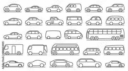 A collection of various vehicle outlines is displayed including cars vans buses and trucks arranged in neat rows high quality professional detailed modern elegant stylish clean