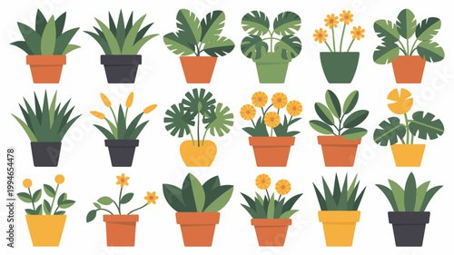 A colorful collection of potted houseplants and flowering plants are displayed against a clean white background offering a vibrant botanical arrangement high quality professional detailed modern