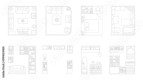 A collection of minimalist line drawn floor plans depict various room arrangements showcasing furniture layouts and interior design concepts high quality professional detailed modern elegant stylish