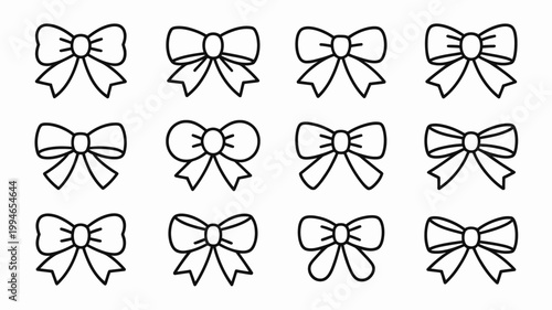 A collection of nine hand drawn bows arranged in a three by three grid showcasing a simple linear black and white aesthetic high quality professional detailed