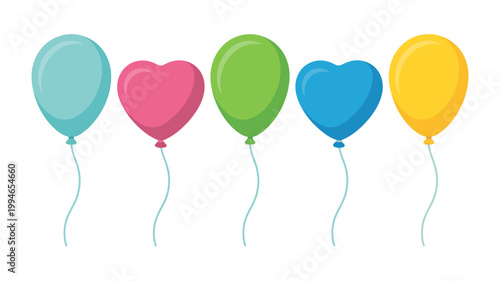 A cheerful arrangement of five colorful balloons turquoise pink green blue and yellow floats against a stark white background high quality professional detailed modern elegant stylish