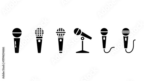 A collection of black microphone icons are displayed in varying styles showcasing different designs and functionalities for audio recording high quality professional detailed modern elegant stylish