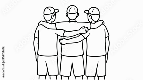 A simple black and white line drawing depicts three men with arms around each other s shoulders appearing to be in a huddle high quality professional